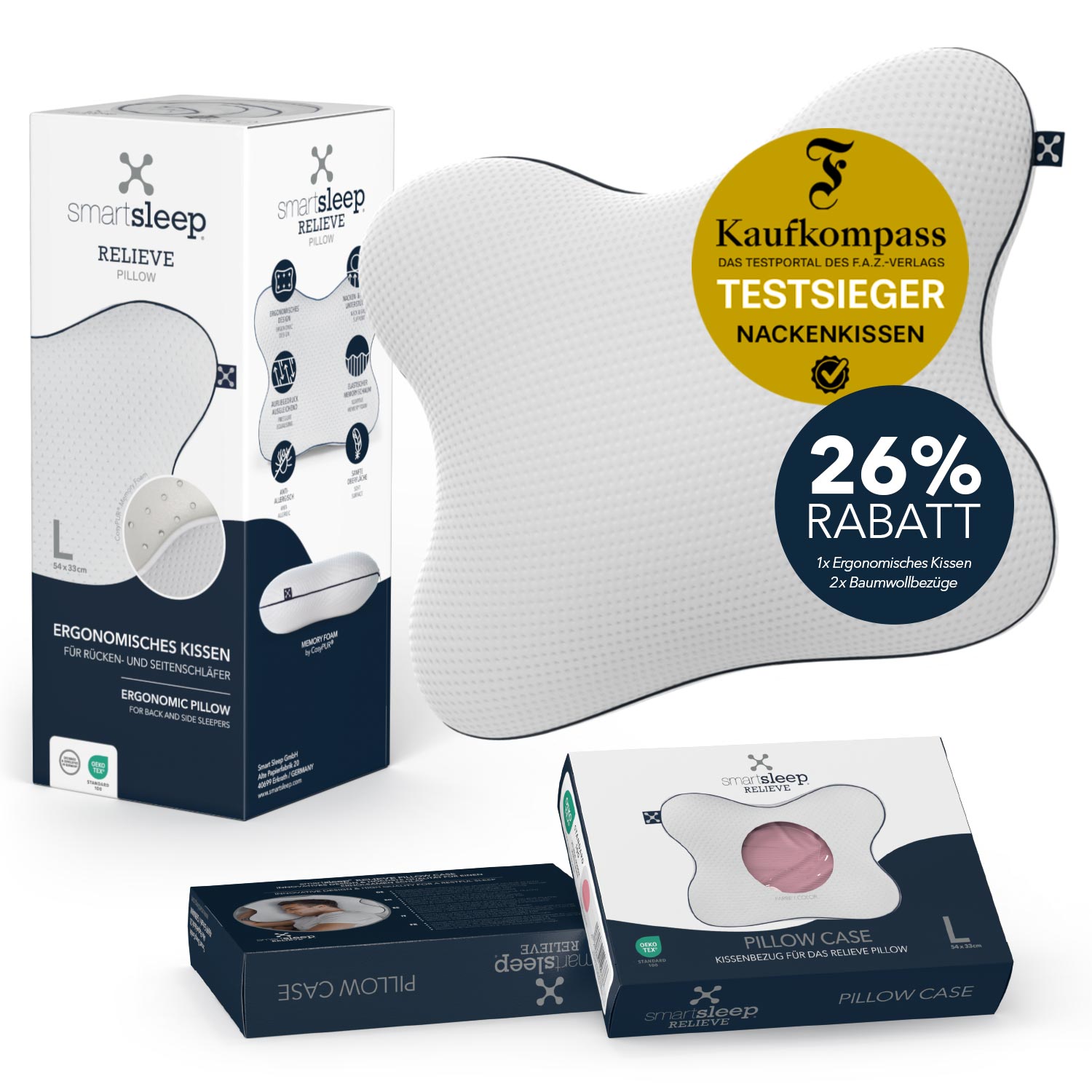 Alivio <tc>Pillow Bundle</tc> – Almohada ergonómica para el cuello + 2 fundas