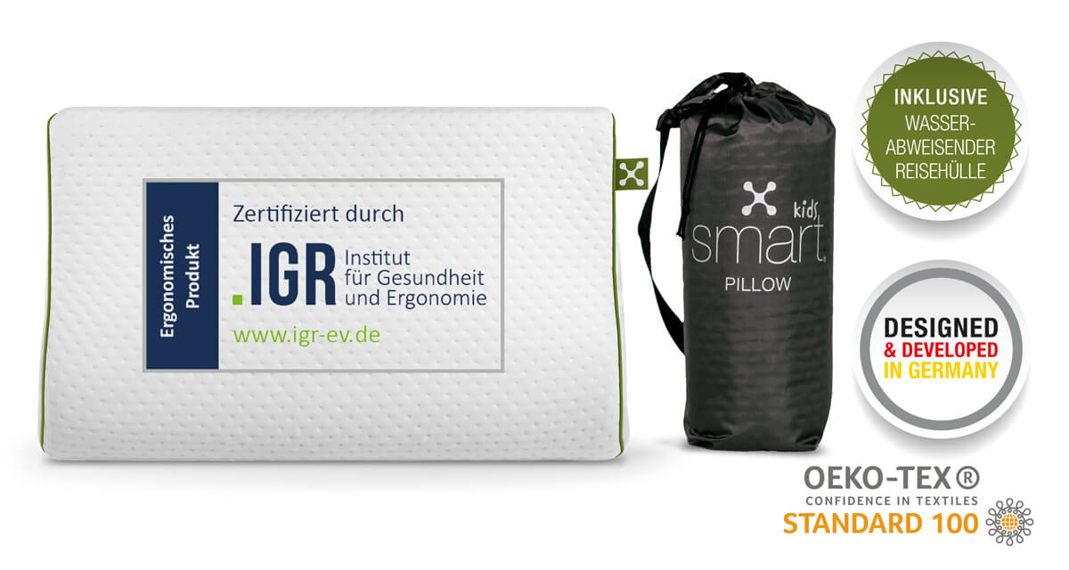 smart KIDS ERGONOMIC PILLOW mit praktischer Reisehülle ist ausgezeichnet vom Institut für Gesundheit und Ergonomie und zertifiziert nach OEKO-TEX Standard 100