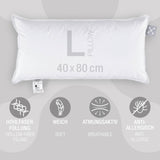 Eigenschaften des smart® Basic Pillow in der Größe Large 40 x 80 cm, Standard Kissen mit Hohlfaser Füllung und Bezug aus Baumwolle, für Kinder und Erwachsene