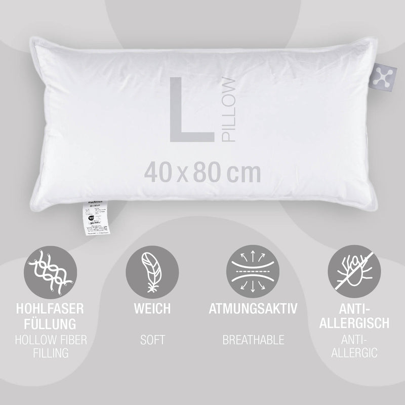 Eigenschaften des smart® Basic Pillow in der Größe Large 40 x 80 cm, Standard Kissen mit Hohlfaser Füllung und Bezug aus Baumwolle, für Kinder und Erwachsene