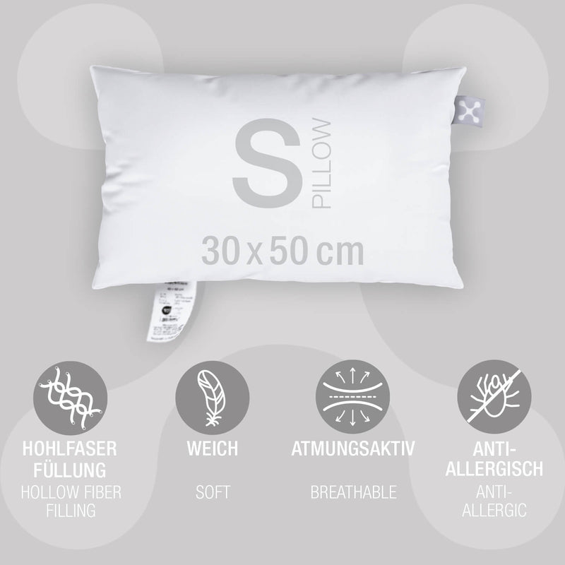 Eigenschaften des smart® Basic Pillow in der Größe Small 30 x 50 cm, kleines Standard Kissen mit Hohlfaser Füllung und Bezug aus Baumwolle, für Kinder und Erwachsene