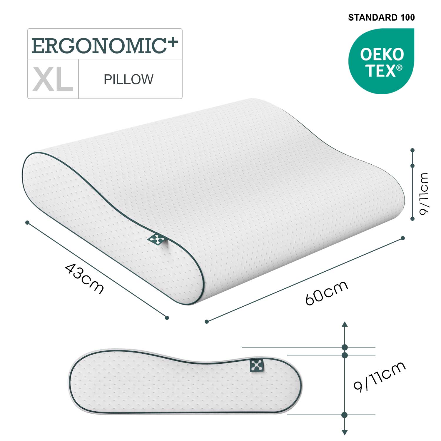 Größe, Höhe, Breite des großen ergonomischen Nackenstütz Kissen aus atmungsaktivem Memory Schaum für Rückenschläfer und Seitenschläfer entlastet die Halswirbelsäule, Kopf und Nacken für gesunden Schlaf.