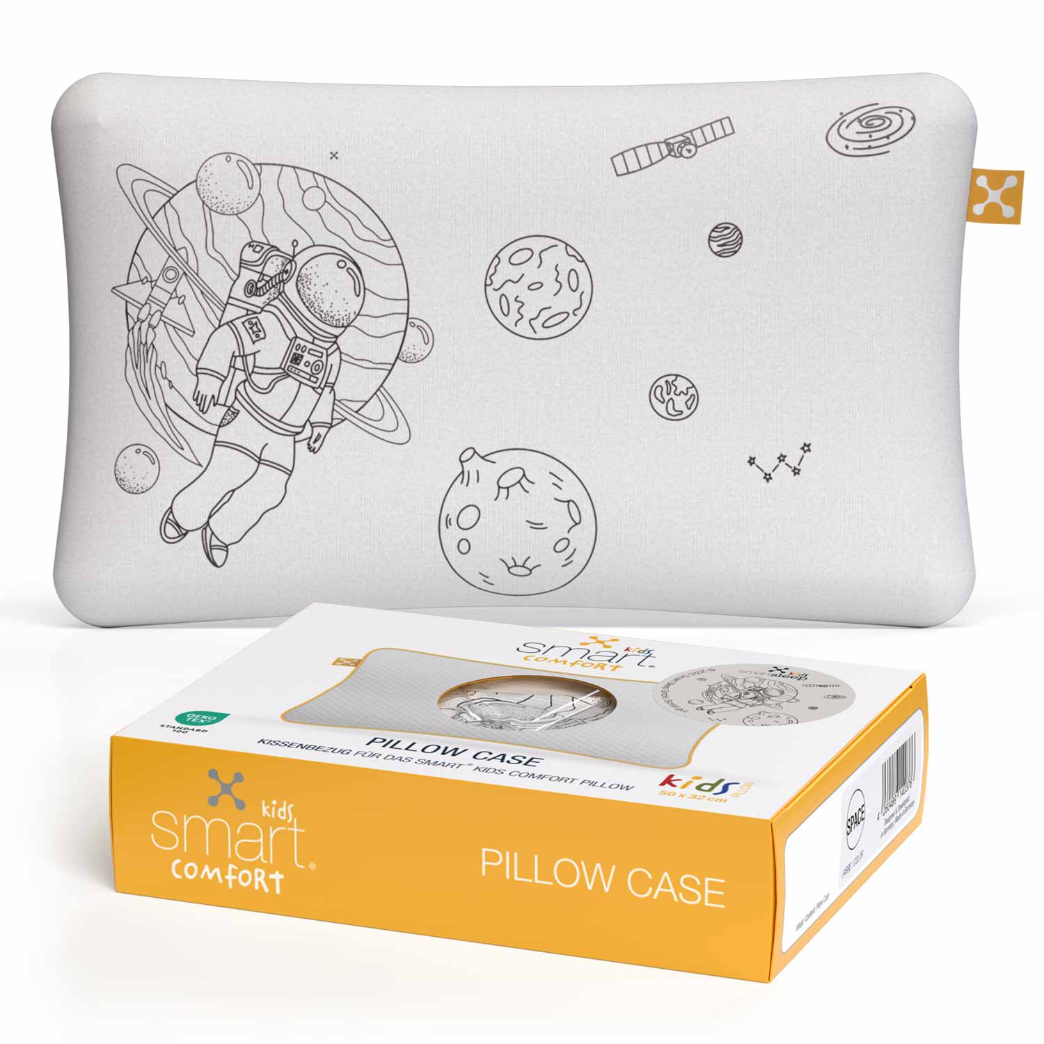 smart® Kids Comfort Pillow Case, weicher Kissenbezug passgenau für das ergonomische Kinder-Kopfkissen smart® Kids Comfort Pillow in der Farbe beige mit dem Motiv Space Man. 