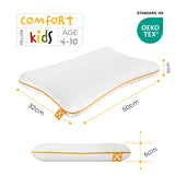 Größe, Höhe, Breite und Altersempfehlung des smart® Kids Comfort Pillow, gemütliches ergonomisches Kissen aus atmungsaktivem anti-allergischem Memory-Schaum für Kinder mit Stützfunktion für hohen Komfort und erholsamen Schlaf