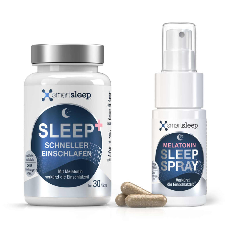 smartsleep® Einschlaf-Bundle: Eine Dose Sleep Plus Einschlafkapseln und eine eine Flasche Sleep Spray im Set für schnelles Einschlafen mit dem Schlafhormon Melatonin zum Vorteilspreis.
