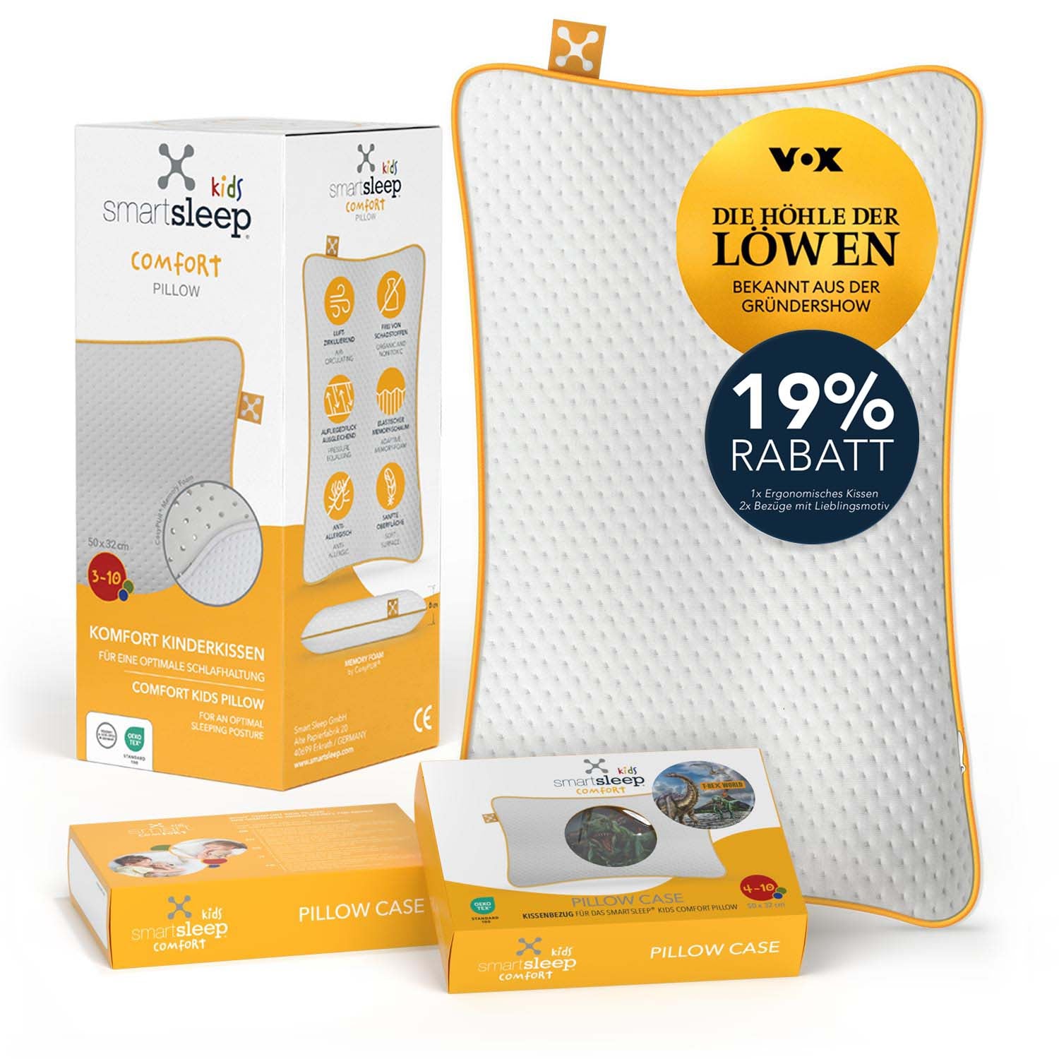 Kids Comfort Pillow Bundle – Ergonomic kids' pillow with two covers, designed for ages 4 to 10, medium-soft firmness.