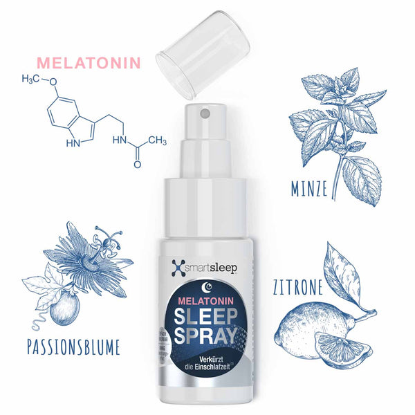 Inhaltsstoffe des smartsleep® SLEEP SPRAY, Mundspray um natürlich schneller einzuschlafen. Mit dem Schlafhormon Melatonin, Passionsblumenextrakt und frischem Minzaroma
