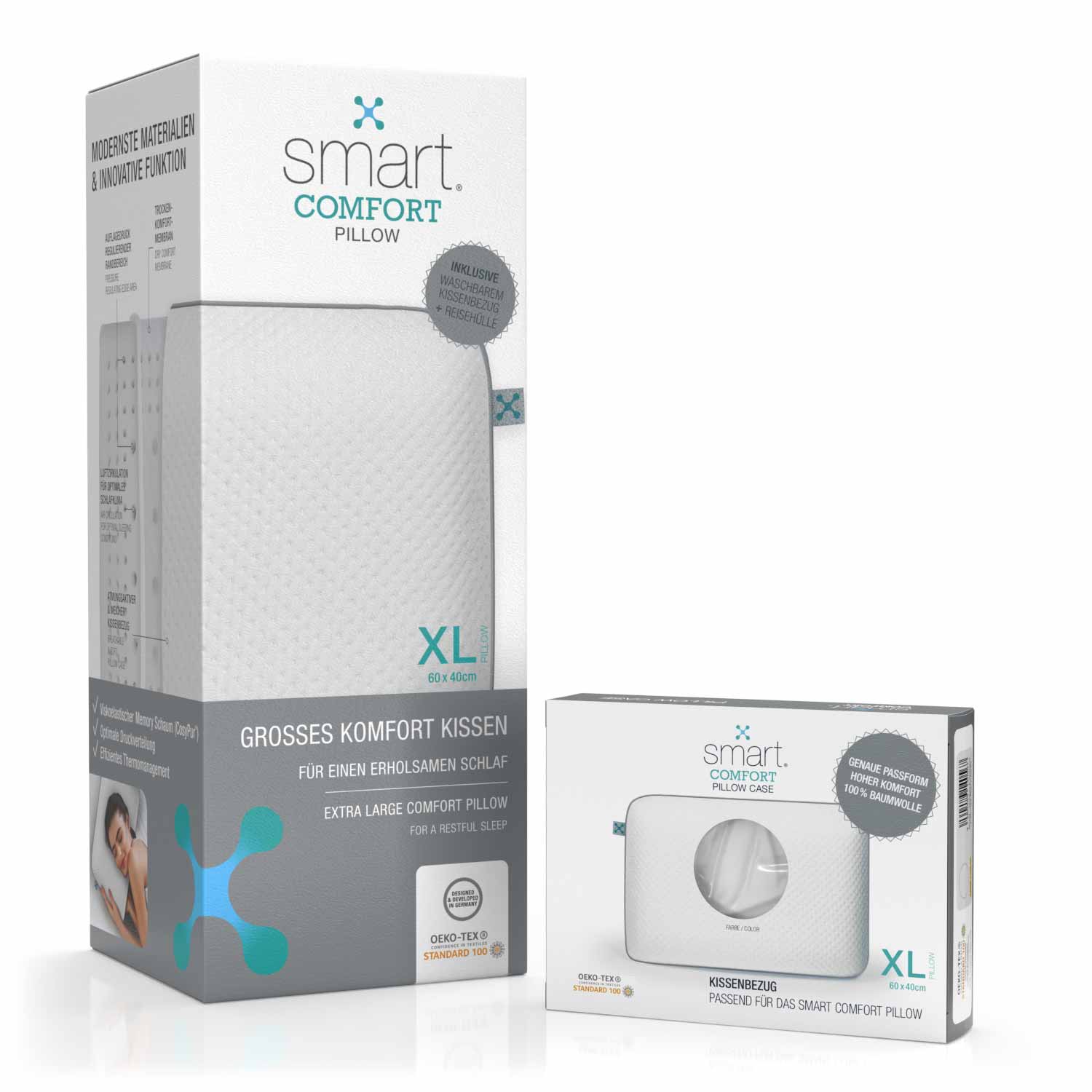 Ein smart® Comfort Pillow Kopfkissen und ein passgenauer Kissenbezug smart® Comfort Pillow Case zum Wechseln in der Farbe Weiß im Set zum Vorteilspreis.