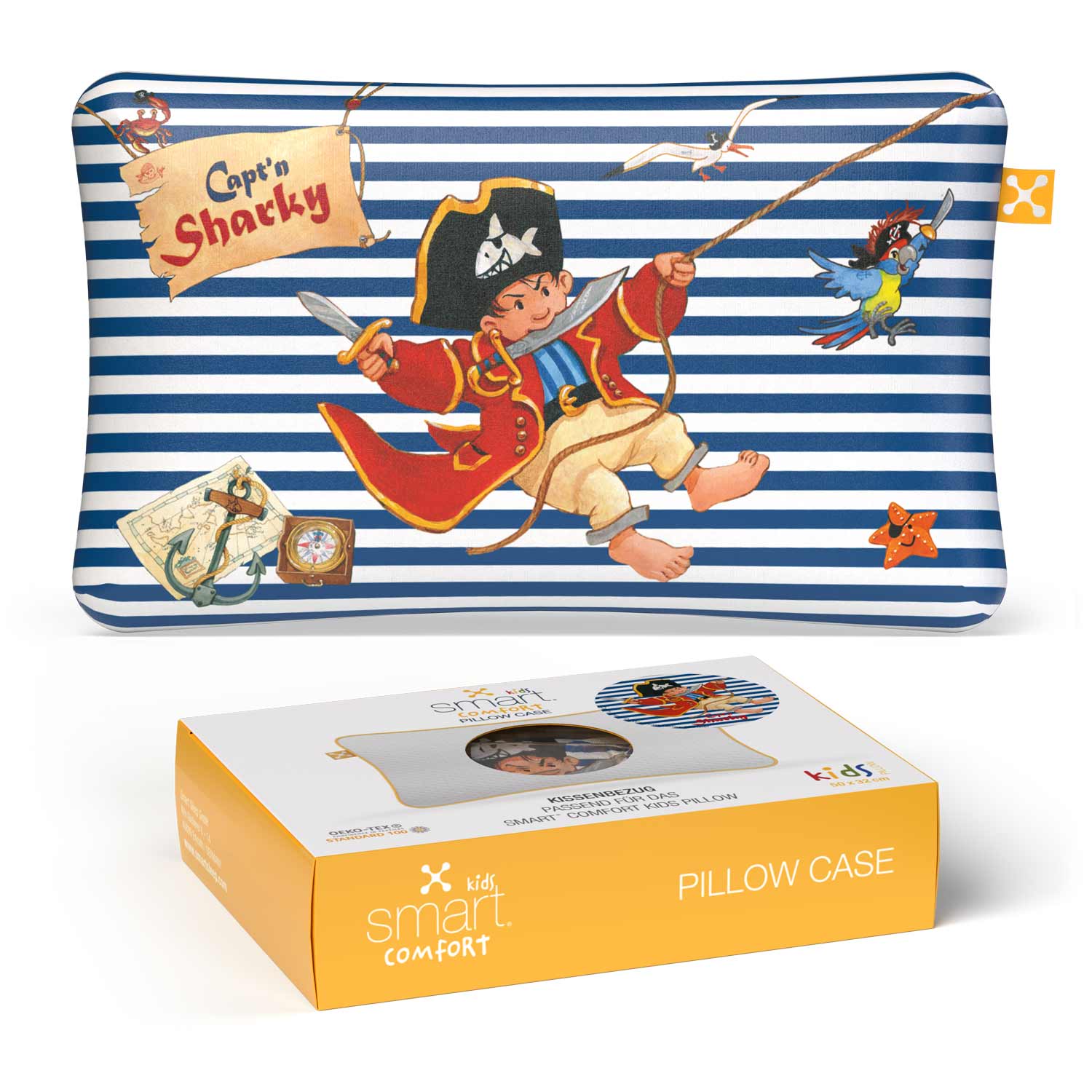 smart® Kids Comfort Pillow Case, weicher Kissenbezug passgenau für das ergonomische Kinder-Kopfkissen smart® Kids Comfort Pillow in der Farbe Motiv Kapitän Capt'n Sharky