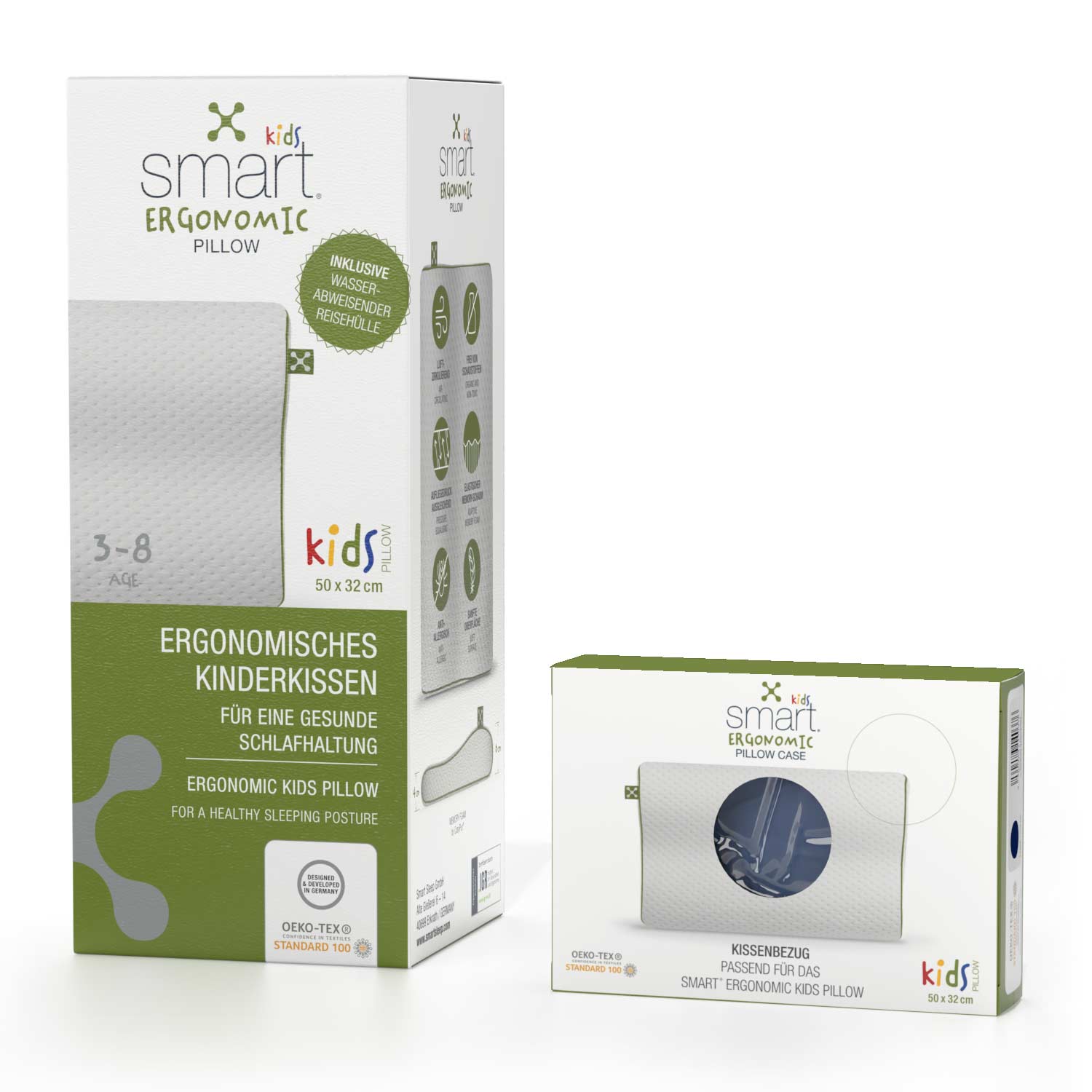 Ein smart® Kids Ergonomic Pillow Kopfkissen für Kinder und ein passgenauer Kissenbezug smart® Kids Ergonomic Pillow Case zum Wechseln in der Farbe Dunkelblau im Set zum Vorteilspreis.