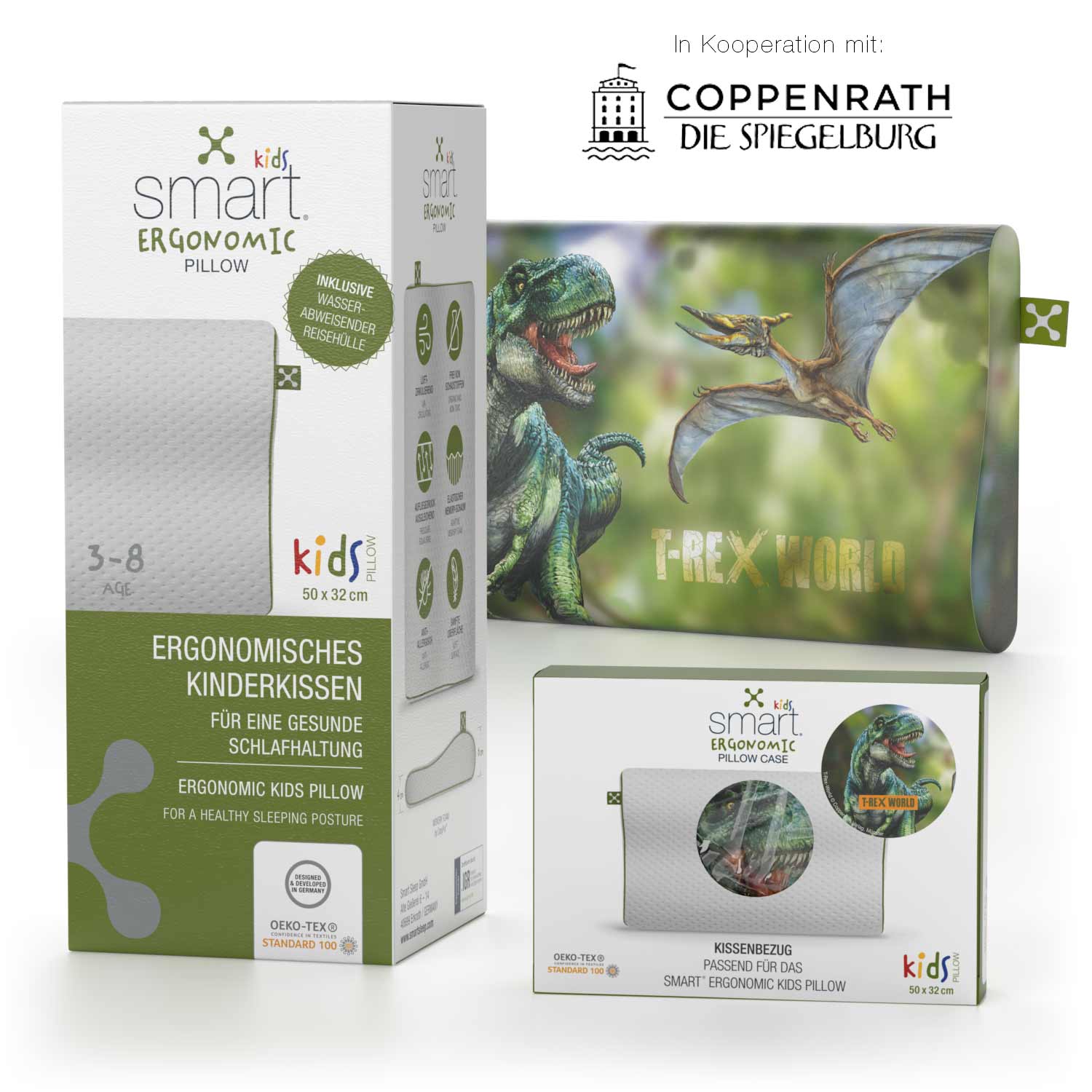 Ein smart® Kids Ergonomic Pillow Kopfkissen für Kinder und ein passgenauer Kissenbezug smart® Kids Ergonomic Pillow Case zum Wechseln in der Farbe Motiv T-Rex-World im Set zum Vorteilspreis.