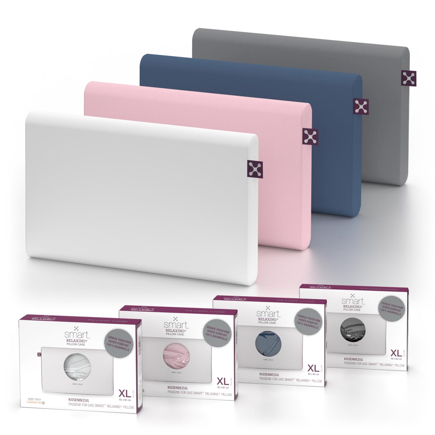 Weiche Kissenbezüge aus Baumwolle passgenau für das ergonomische Kopfkissen smart® Relaxing+ Pillow in den Farben Dunkelblau, Grau, Weiss, Rose