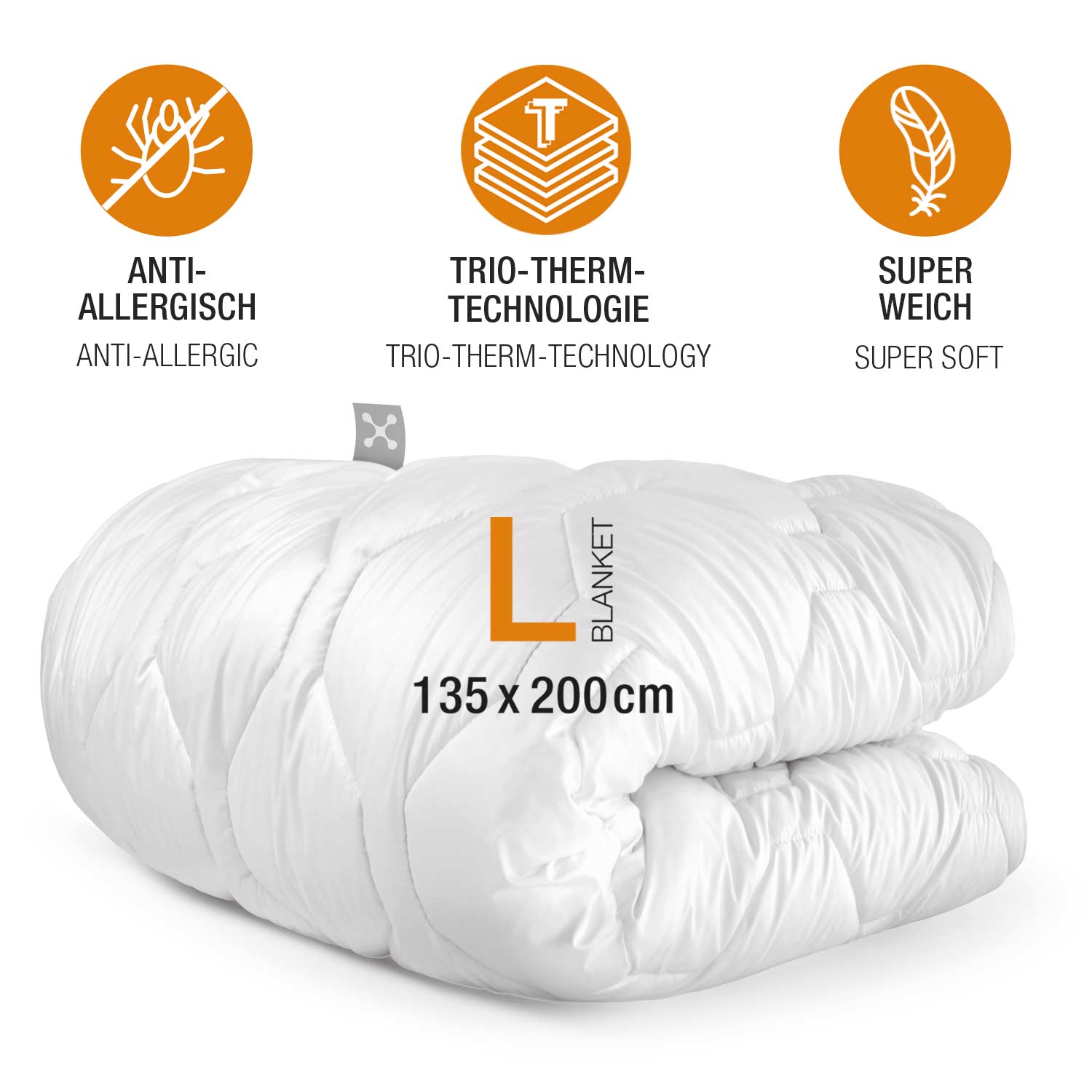 Größe und Eigenschaften der smart® Warming Blanket, wärmende Bettdecke in der Größe 135 x 200 Meter aus Polyester und weicher Soft Touch Microfaser mit Trio-Therm-Technologie gegen Frieren im Schlaf und in kalten Nächten