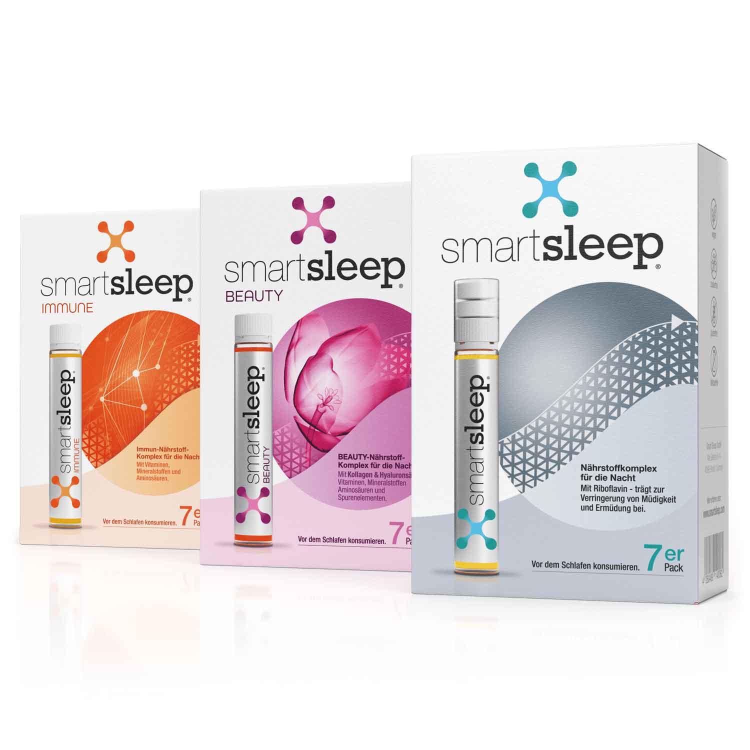 Wacher, gesünder, schöner, aufwachen mit dem smartsleep® Kennenlern Bundle: Drei 7er-Packungen je eine 7er-Packung smartsleep® ORIGINAL, smartsleep® IMMUNE, smartsleep® BEAUTY im Set für gesunden Schlaf zum Vorteilspreis.