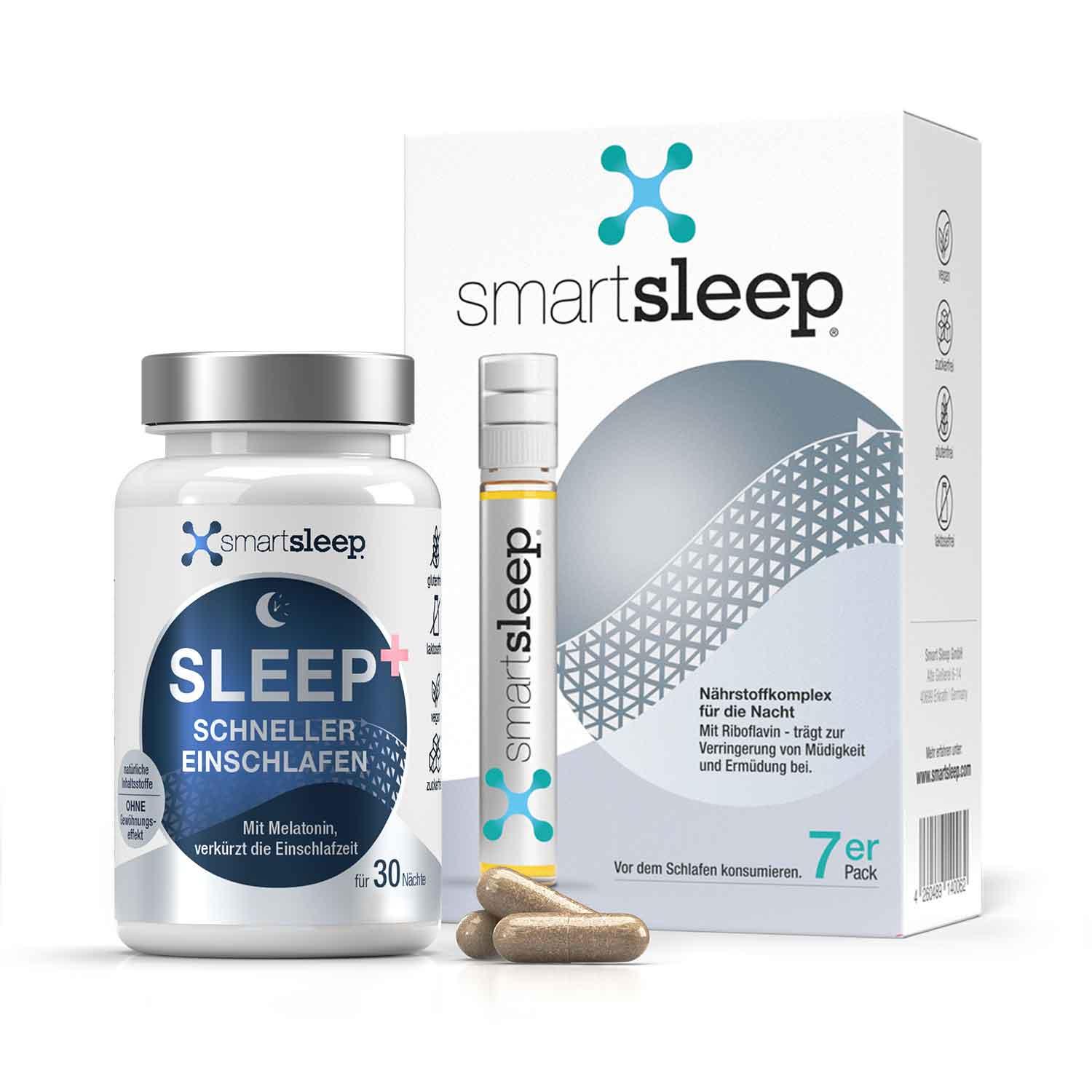 Schneller einschlafen und wacher aufwachen mit dem smartsleep® Sleep Good-Bundle: Eine Dose Sleep Plus Einschlafkapseln und eine 7er-Packung smartsleep® ORIGINAL im Set für schnelles Einschlafen und bessere Regeneration in der Nacht zum Vorteilspreis.