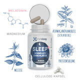 Inhaltsstoffe und Wirkstoffe von smartsleep® SLEEP + Einschlafkapseln, natürlich wirkende Einschlafkapseln zur Verkürzung der Einschlafzeit. Mit dem Schlafhormon Melatonin, Ashwagandhawurzel (Schlafbeere), Passionsblume, Melissen-Extrakt und Magnesium. Eine Kapsel 30 Minuten vor dem Zubettgehen einnehmen und schneller einschlafen.